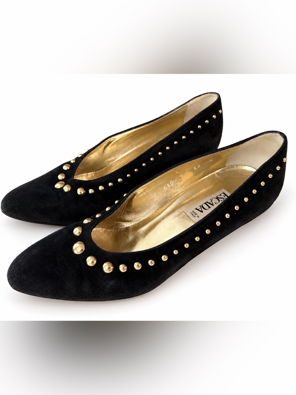 3 pairs Escada vintage heels. Need new heel tips. Two are 9.5, black studded- 9